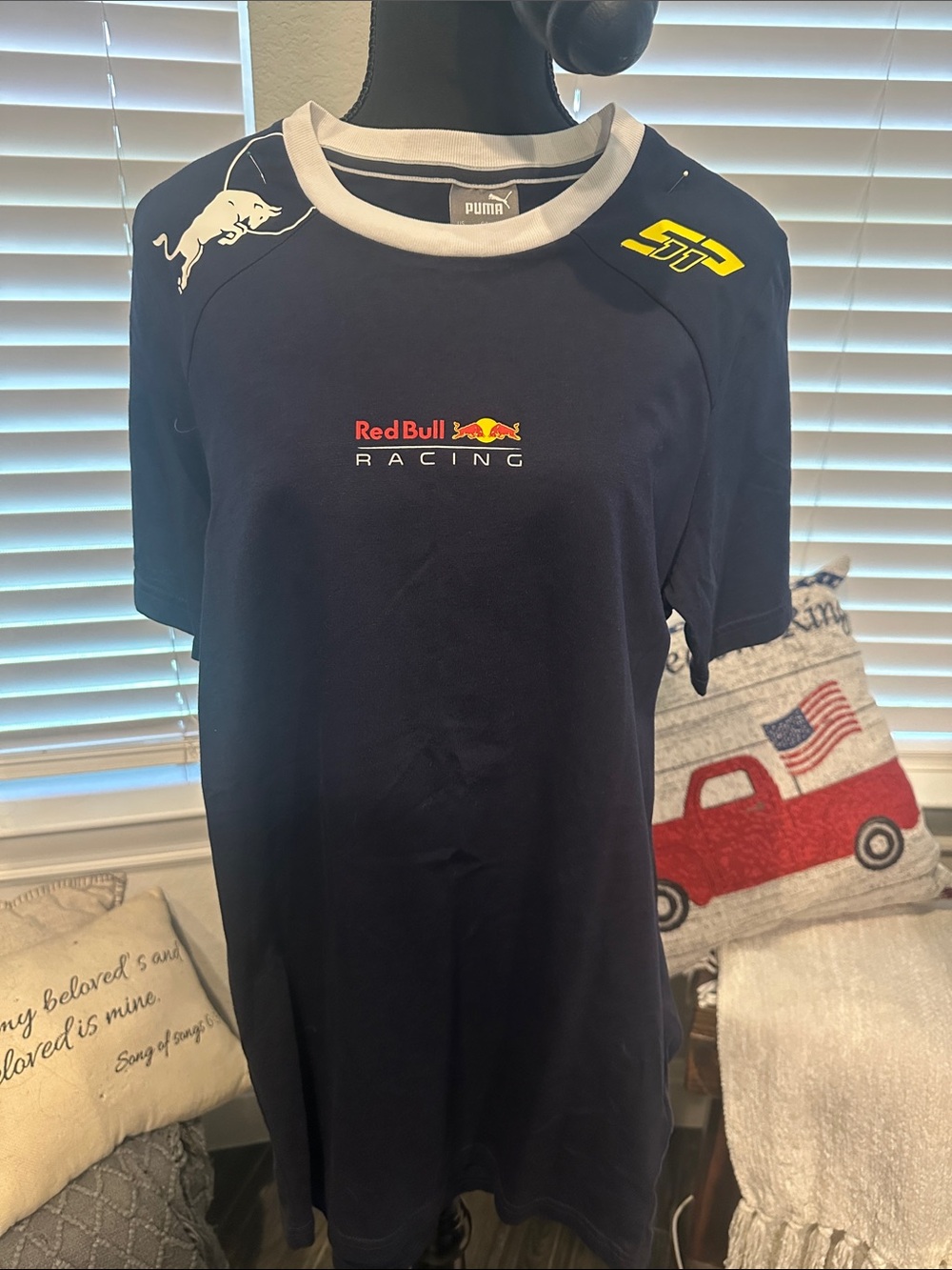 Puma Navy Red Bull Racing Short Sleeve Tee with White Collar and Yellow Accent